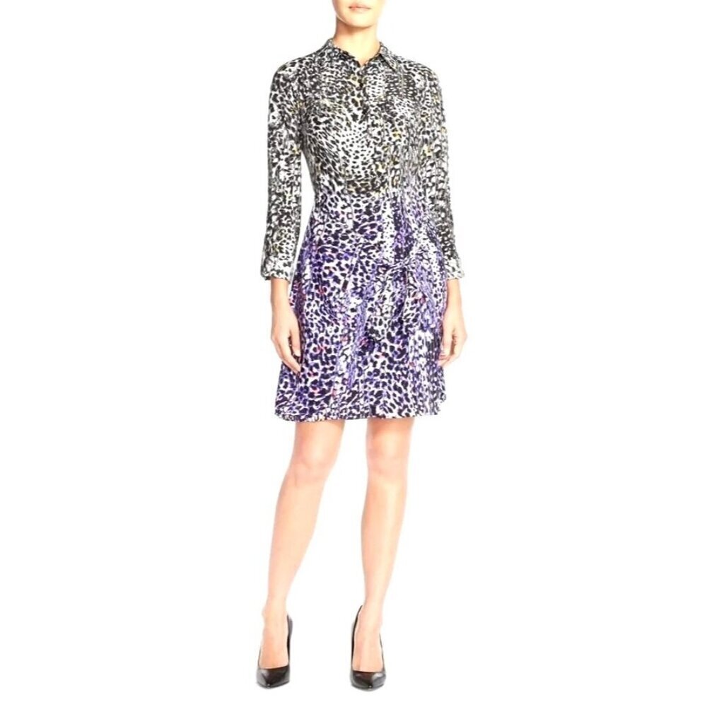 NYDJ Dress Womens 10 Black And Purple Leopard Print Crepe De Chine Shirtdress